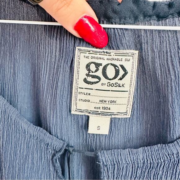 GOSILK Blue Silk Cold Shoulder Long Sleeve Tie Tassel Boho Blouse Shirt Top S - Picture 7 of 11